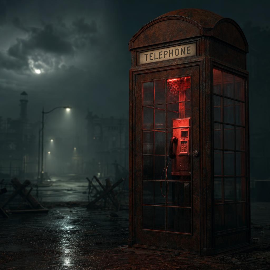 The Ghost Line, the rust-brown telephone kiosk in the Quarantine Grid